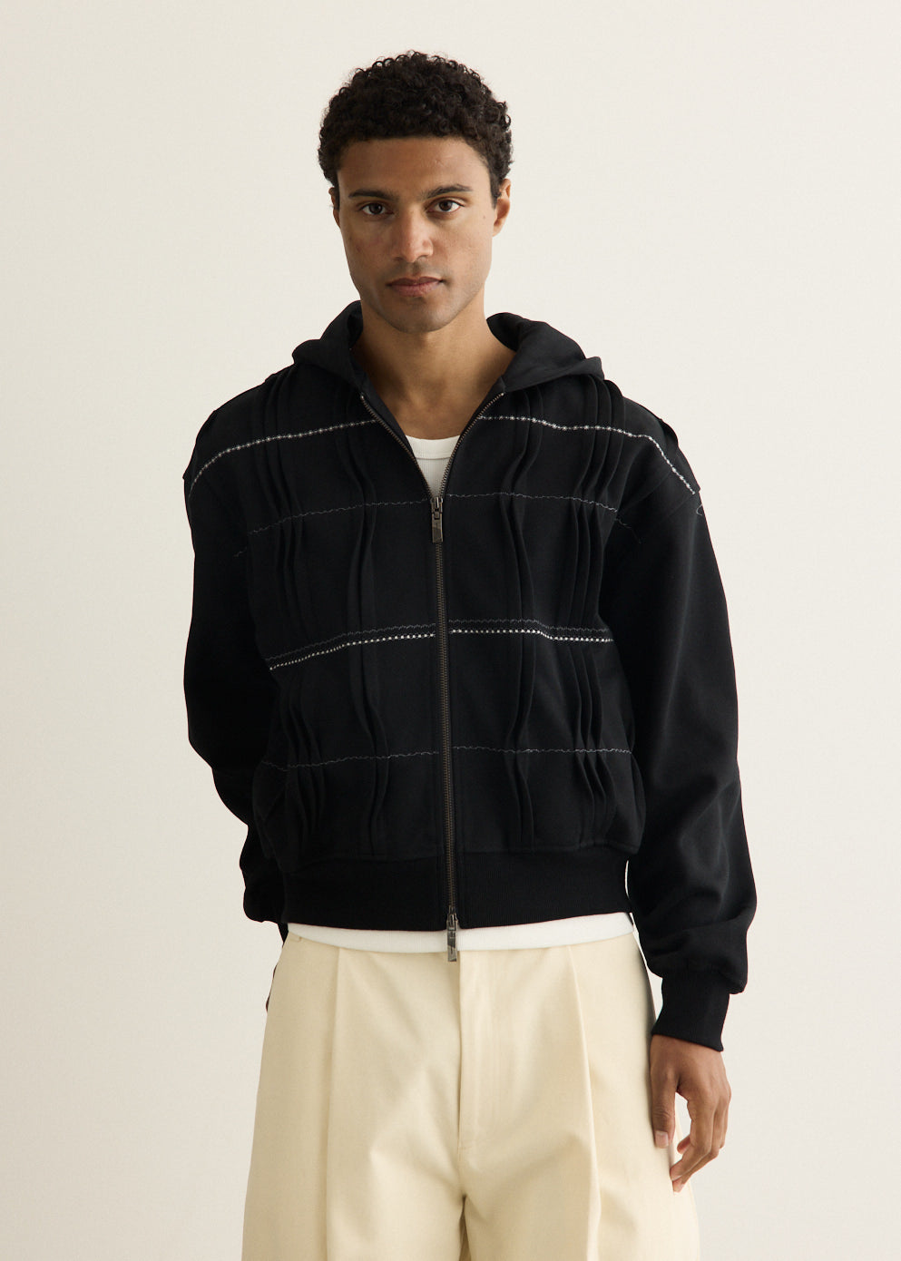 Pin Tuck Semi-Oversized Hooded Zip Up