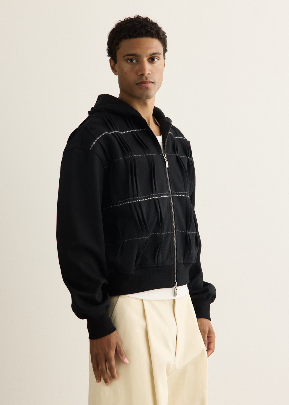 Pin Tuck Semi-Oversized Hooded Zip Up