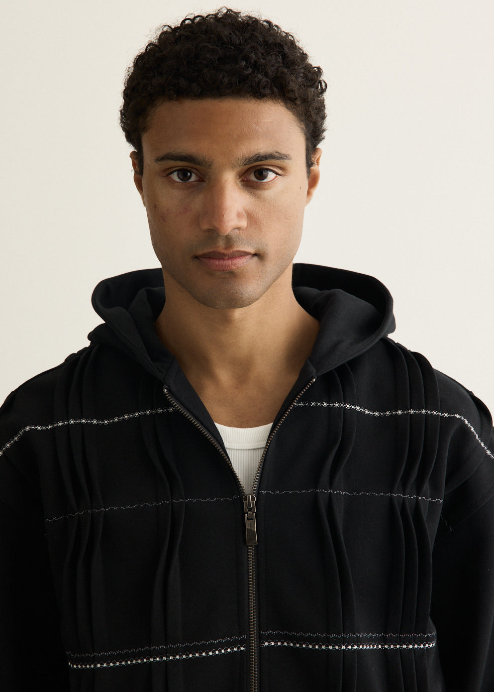 Pin Tuck Semi-Oversized Hooded Zip Up