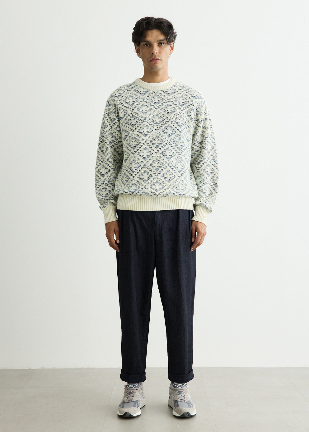 Crew Double Jacquard Indigo Yarn Knit Sweater