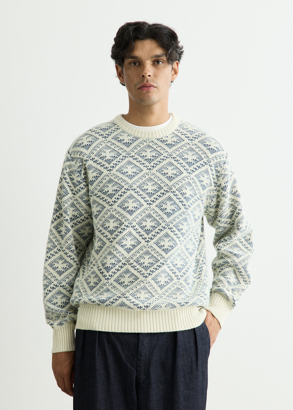 Crew Double Jacquard Indigo Yarn Knit Sweater