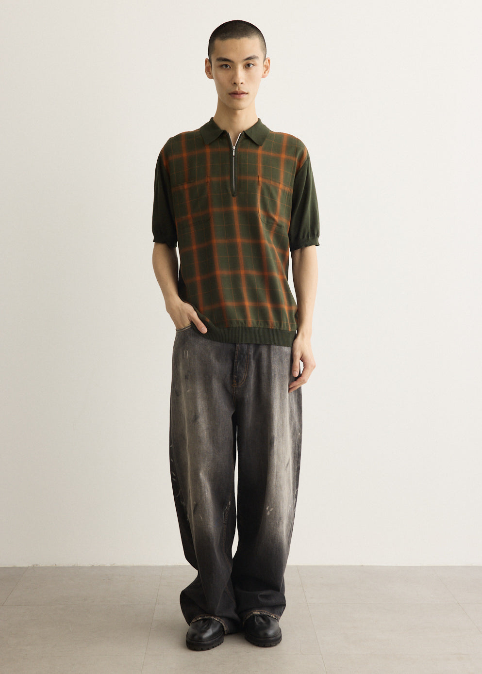 Half Zip Panel Ombre Plaid Polo