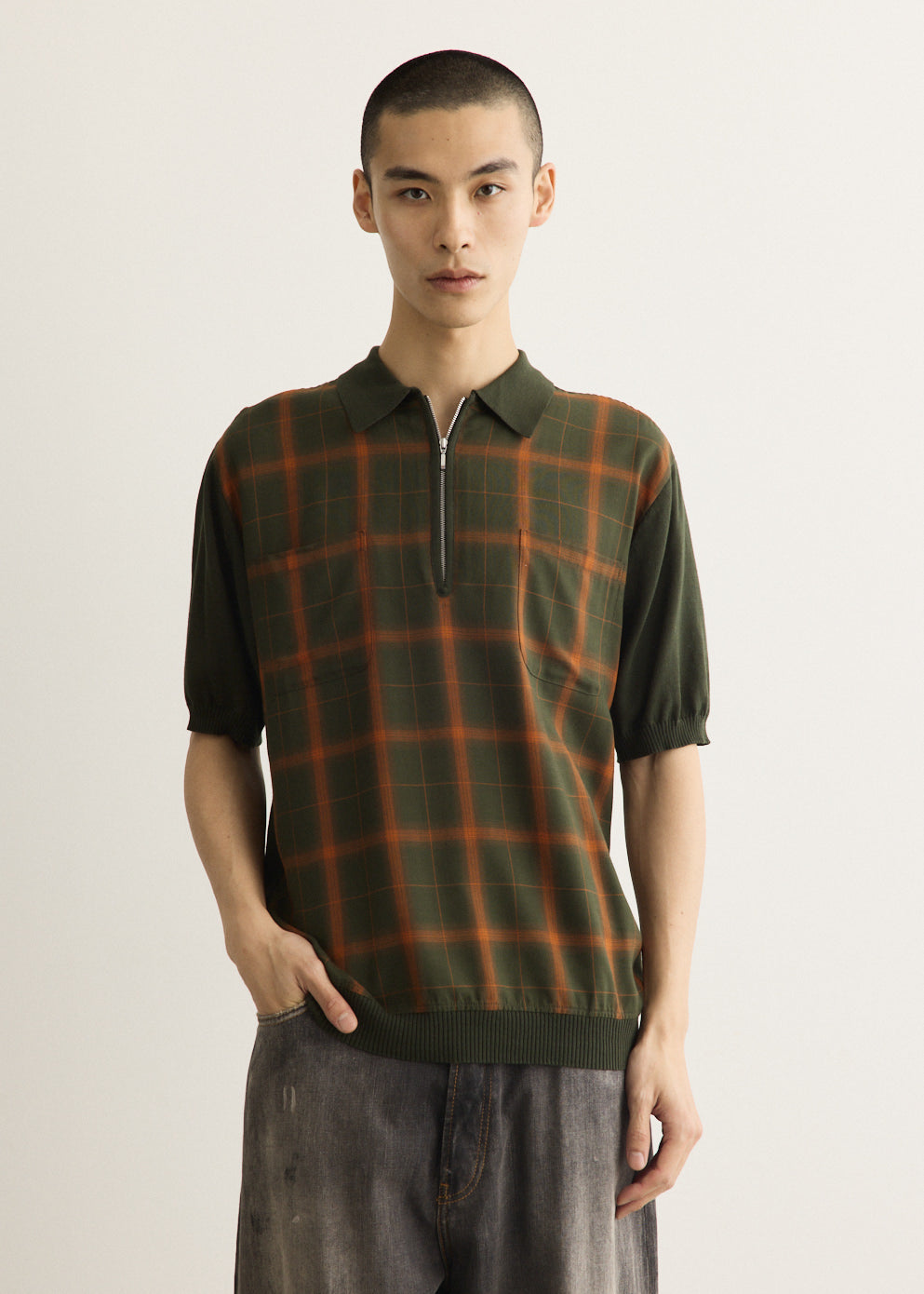 Half Zip Panel Ombre Plaid Polo