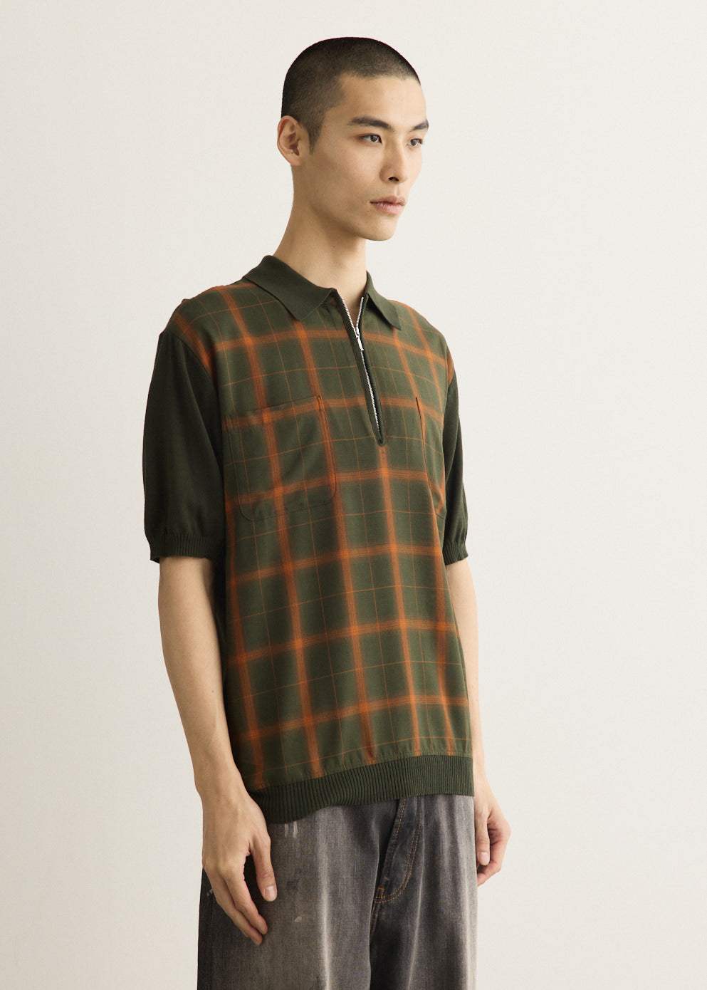 Half Zip Panel Ombre Plaid Polo