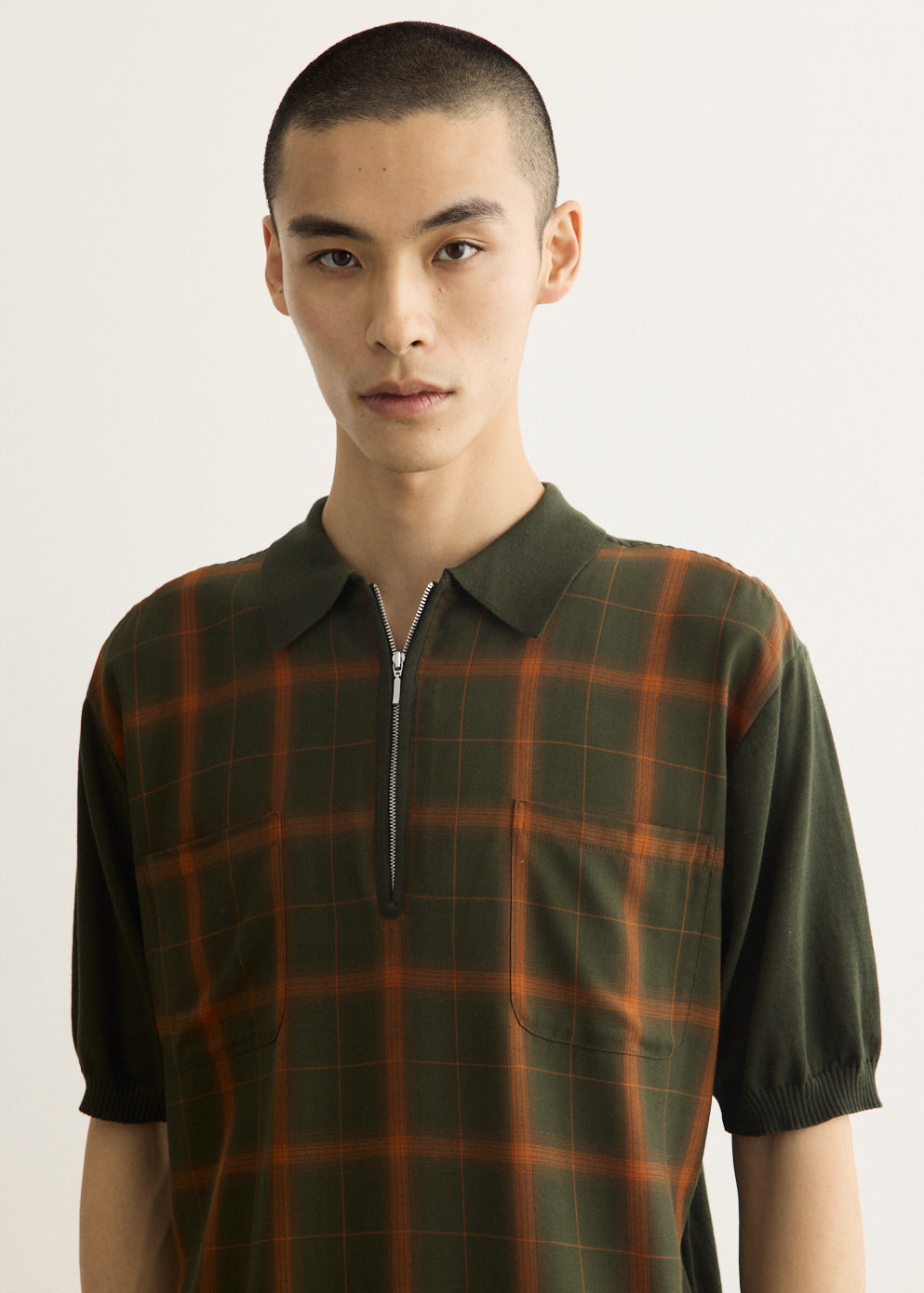 Half Zip Panel Ombre Plaid Polo