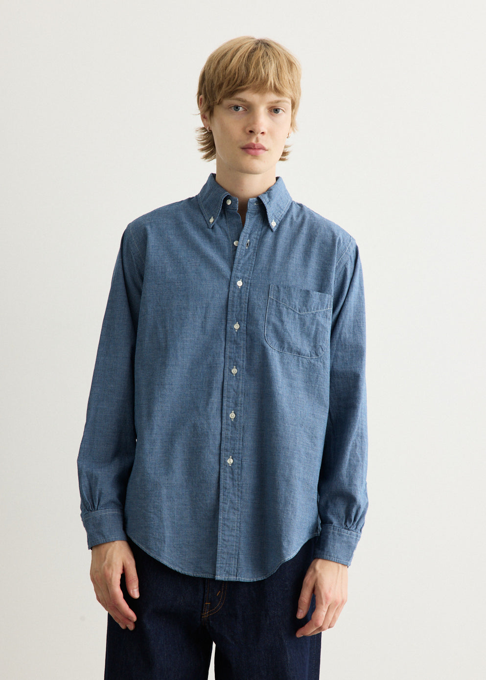 Small Check Indigo Chambray Standard Button Down Shirt