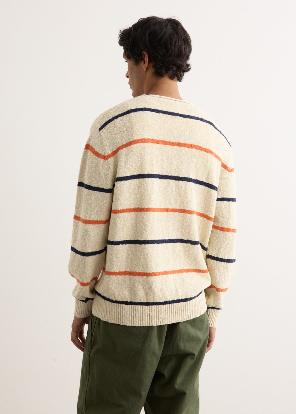Cotton Linen Slab Stripe Crewneck