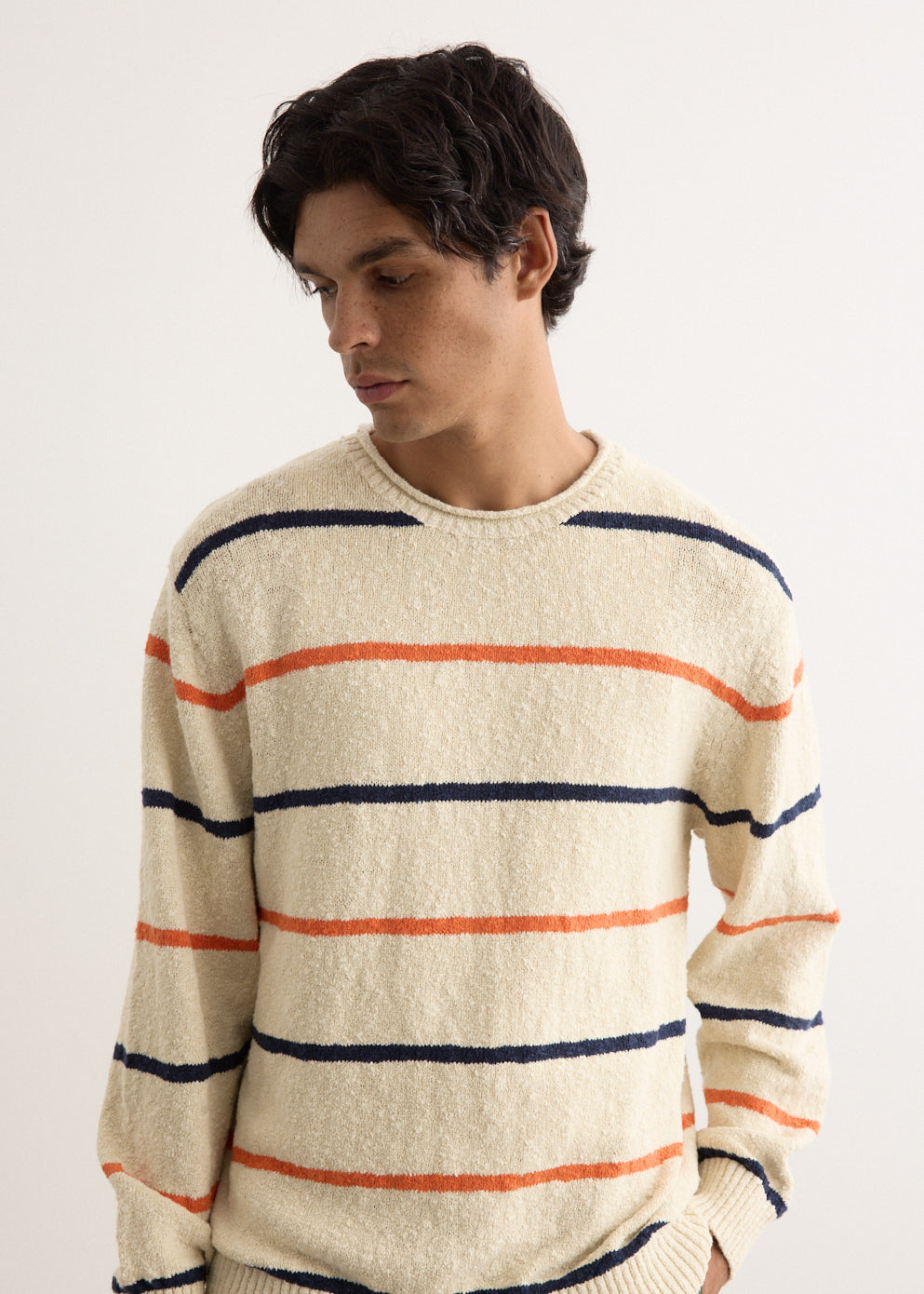 Cotton Linen Slab Stripe Crewneck