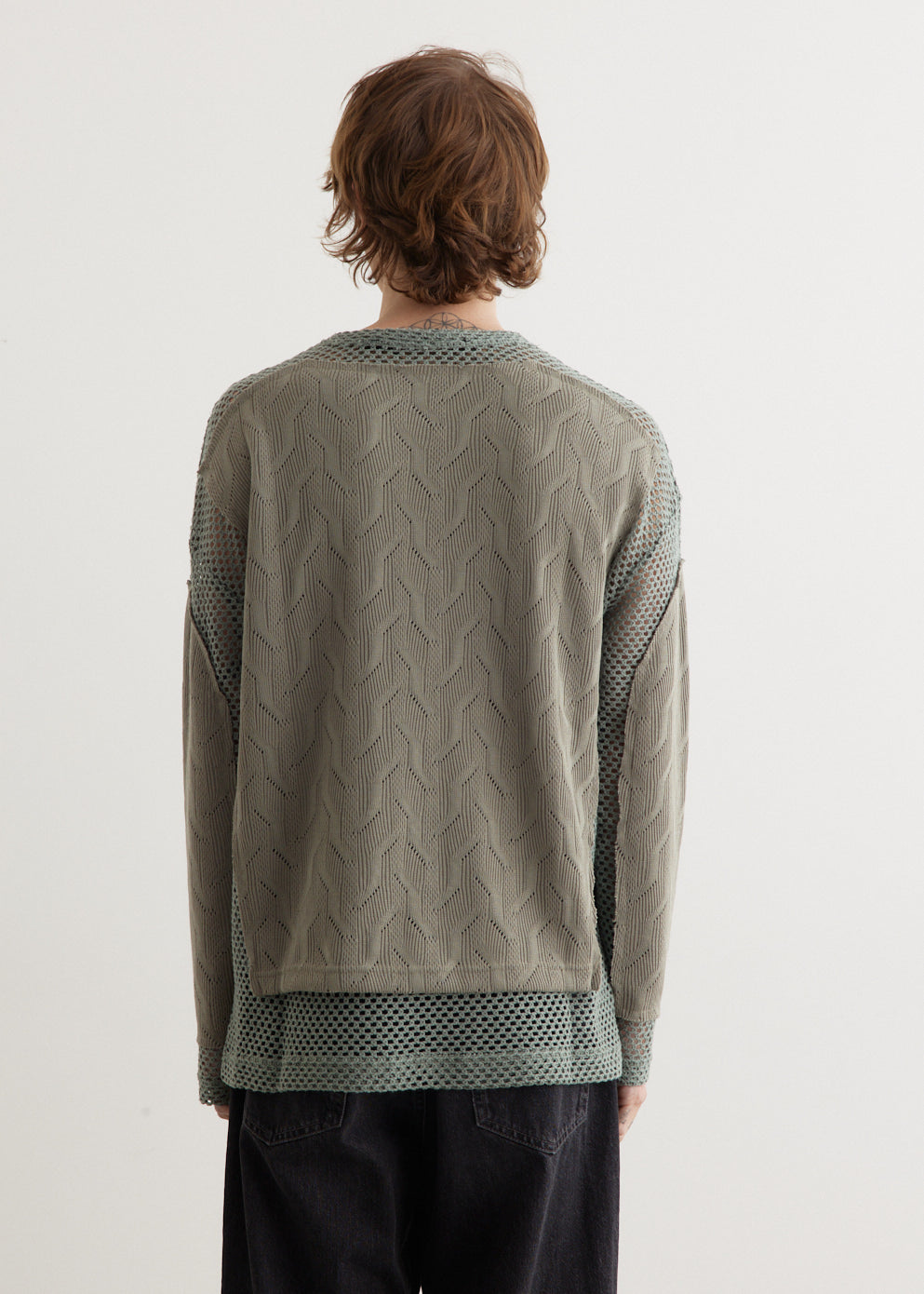 Unbalanced Crew Neck Knit, Khaki Melange