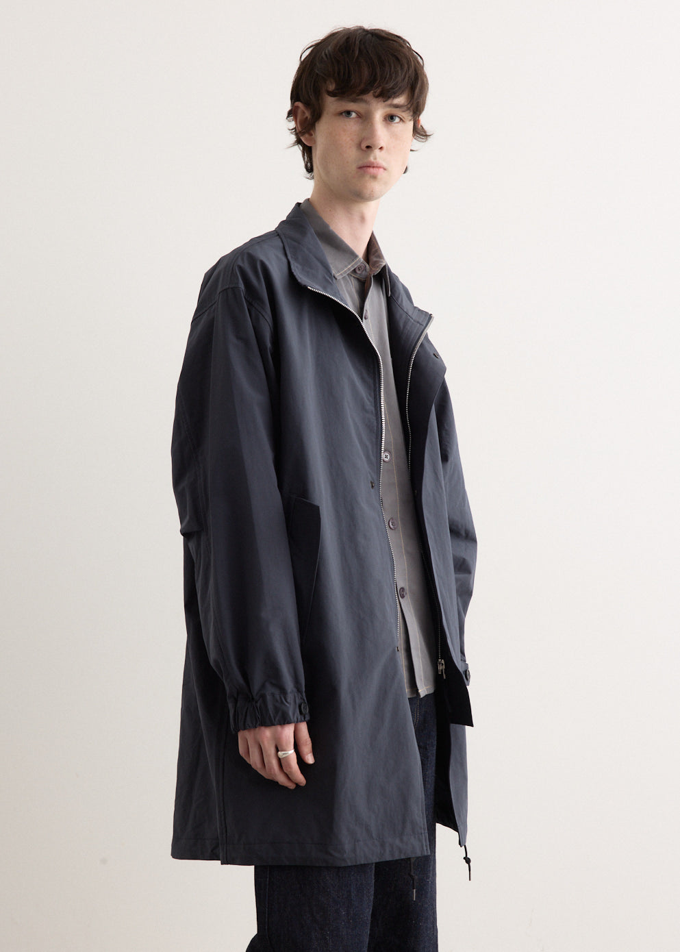【AMERI】ASYMMETRY STAND COLLAR COAT Gray Asymmetric Coat, High Collar Jacket, Women Sweatshirt