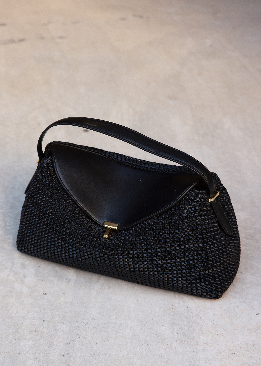 T-Lock Woven Leather Top Handle Bag