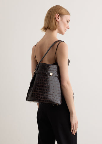Belted Croco-Embossed Bucket Bag