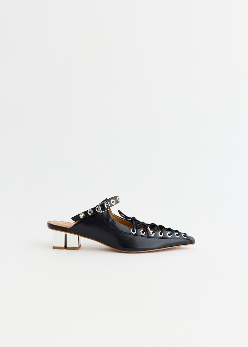 【関税＆送料込み】Ganni Brown Oleatex Mules With Laces Tawny Port Brown Lace-Up Oleatex Mules | GANNI US