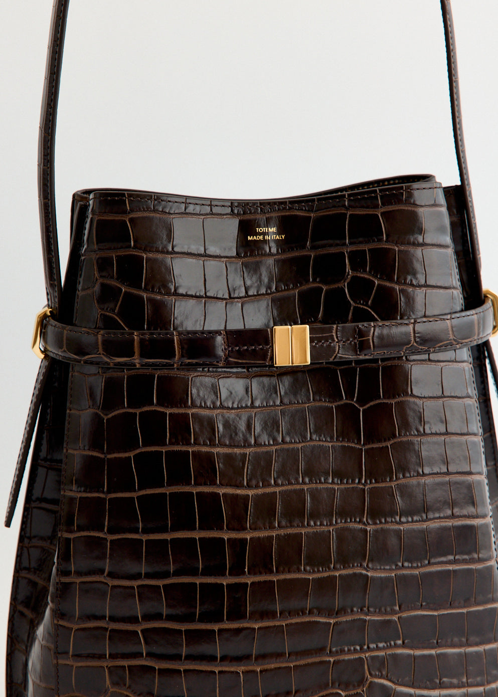 Belted Croco-Embossed Bucket Bag