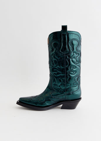 Mid Shaft Metallic Embroidered Western Boots