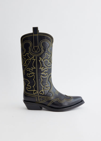 GANNI｜BOOTS (BLACK MID SHAFT EMBROIDERED WESTERN BOOTS Black Mid Shaft Embroidered Western Boots by GANNI on Sale