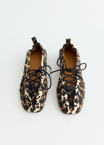 Leopard Printed Eyelets Lace Up Ballerinas