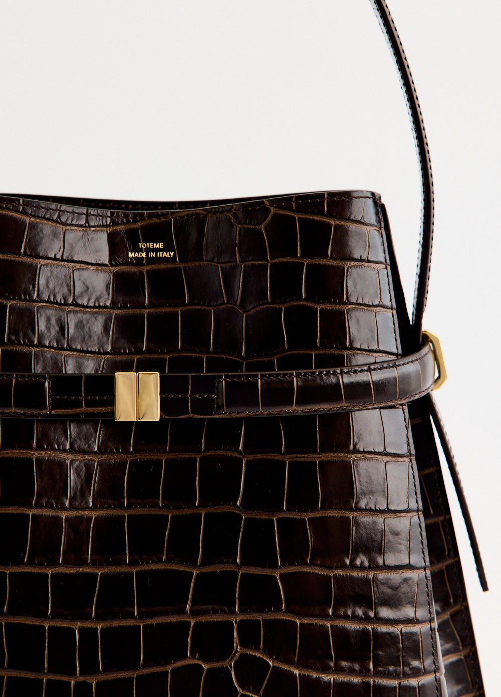 Belted Croco-Embossed Bucket Bag