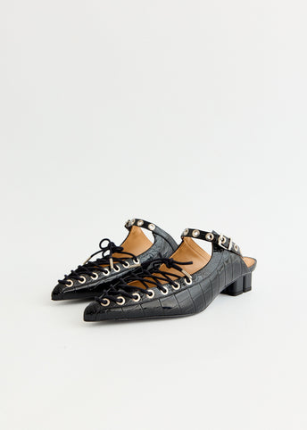 Croco Eyelets Lace Up Mules