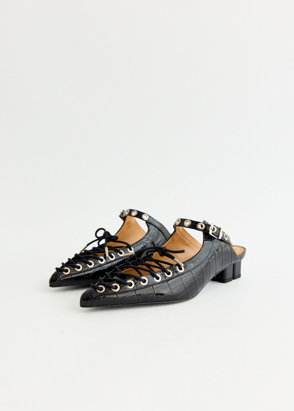 Croco Eyelets Lace Up Mules