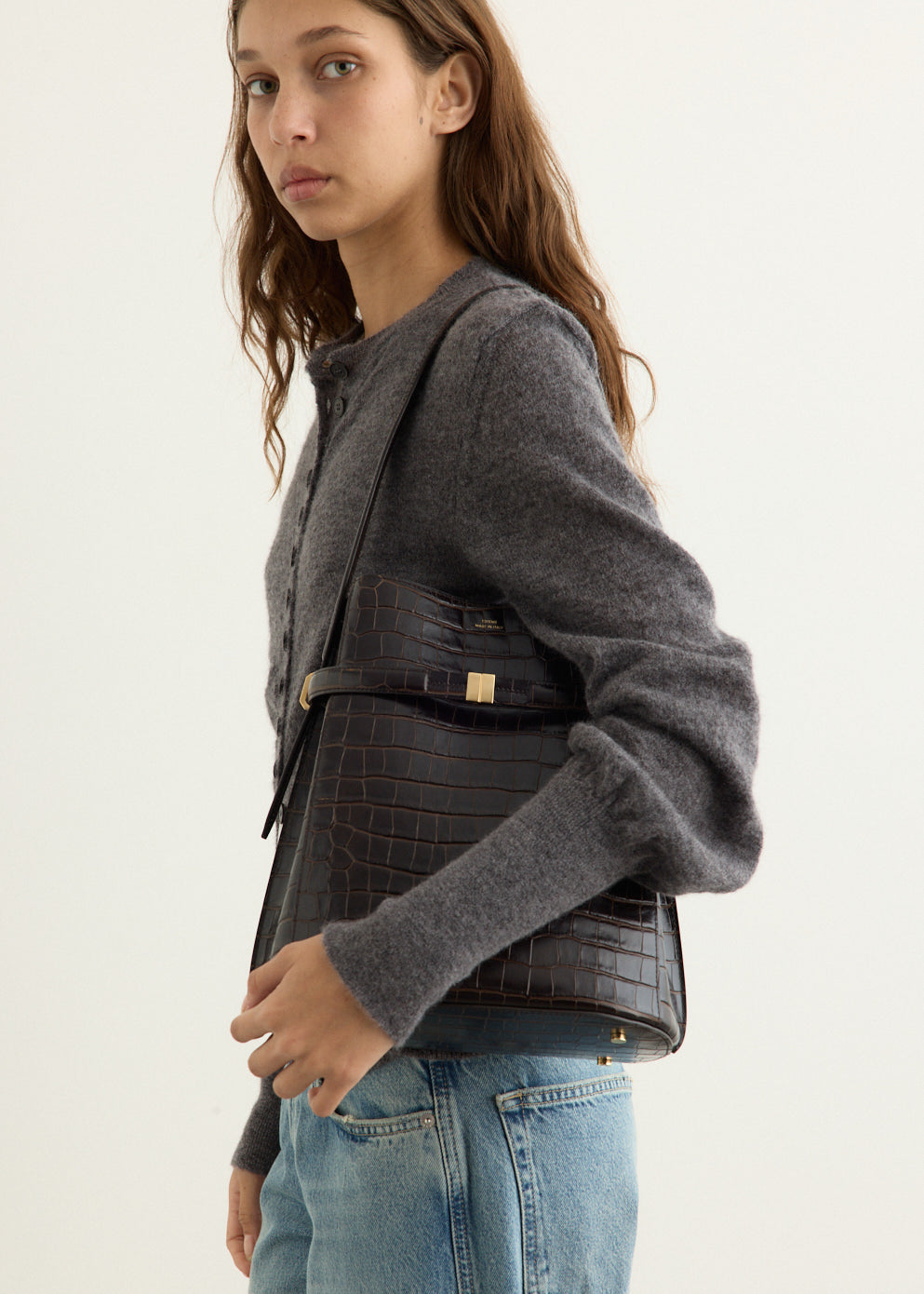 Belted Croco-Embossed Bucket Bag