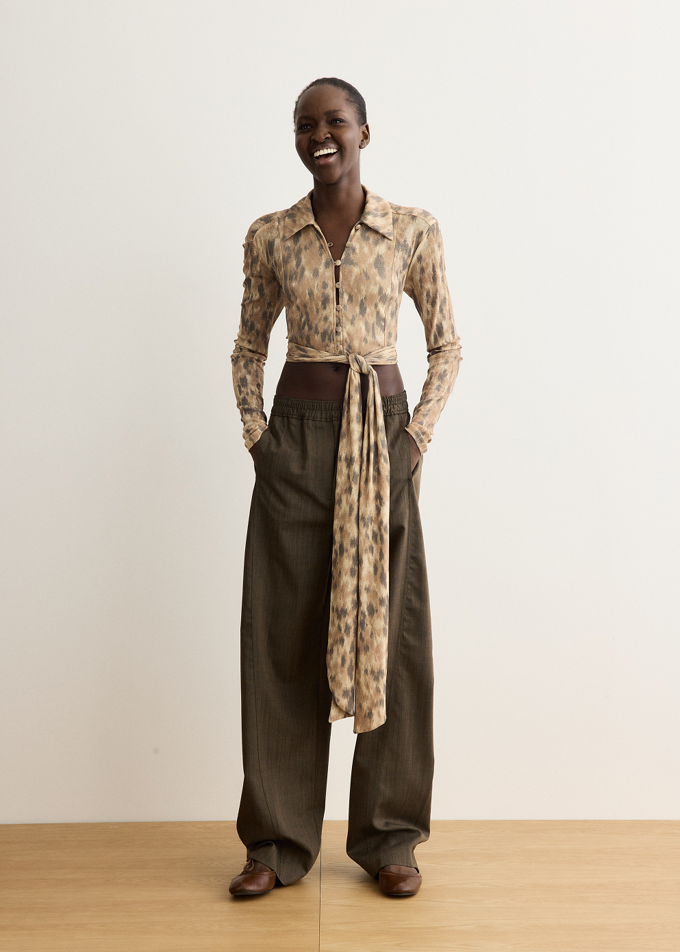 Printed Cropped Tie Blouse