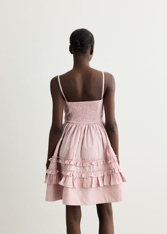 Stretch Cotton Mini Strap Dress With Frills