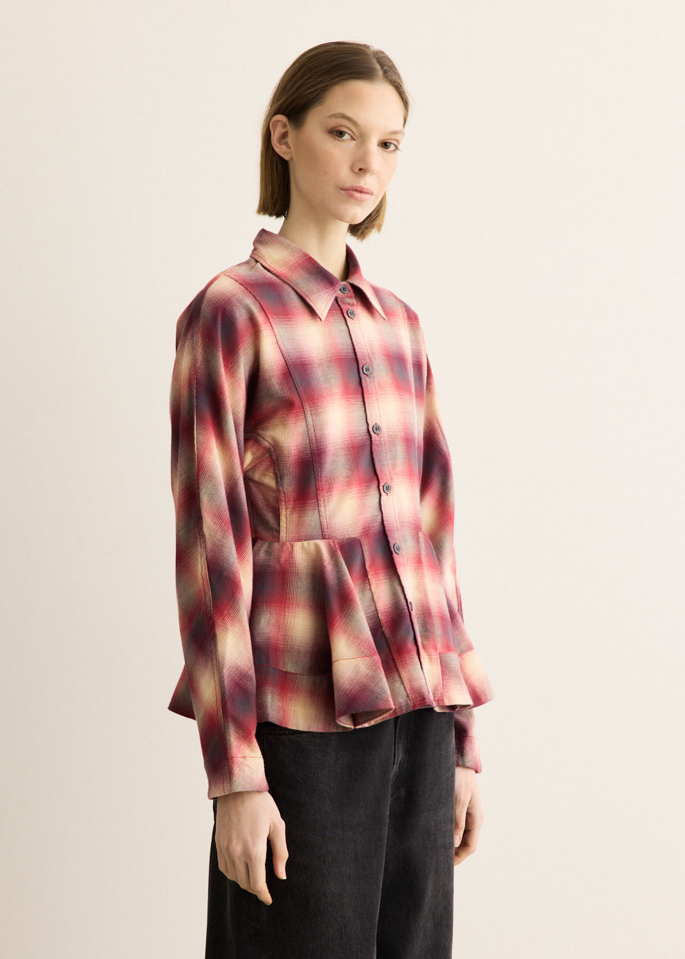 Cotton Flannel Check Peplum Shirt