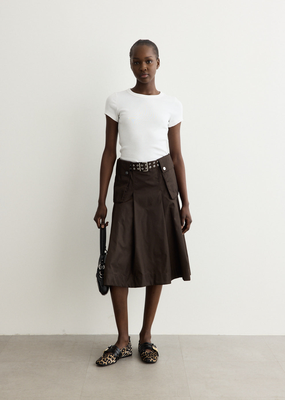 Duchesse Nylon Midi Pleated Pocket Skirt