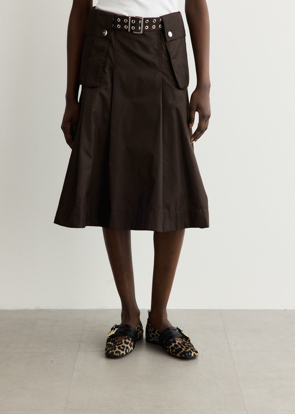 Duchesse Nylon Midi Pleated Pocket Skirt