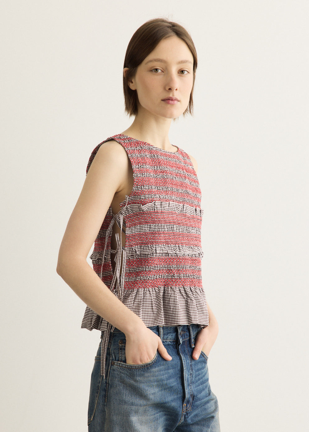 Check Cotton Smocked Tie String Top