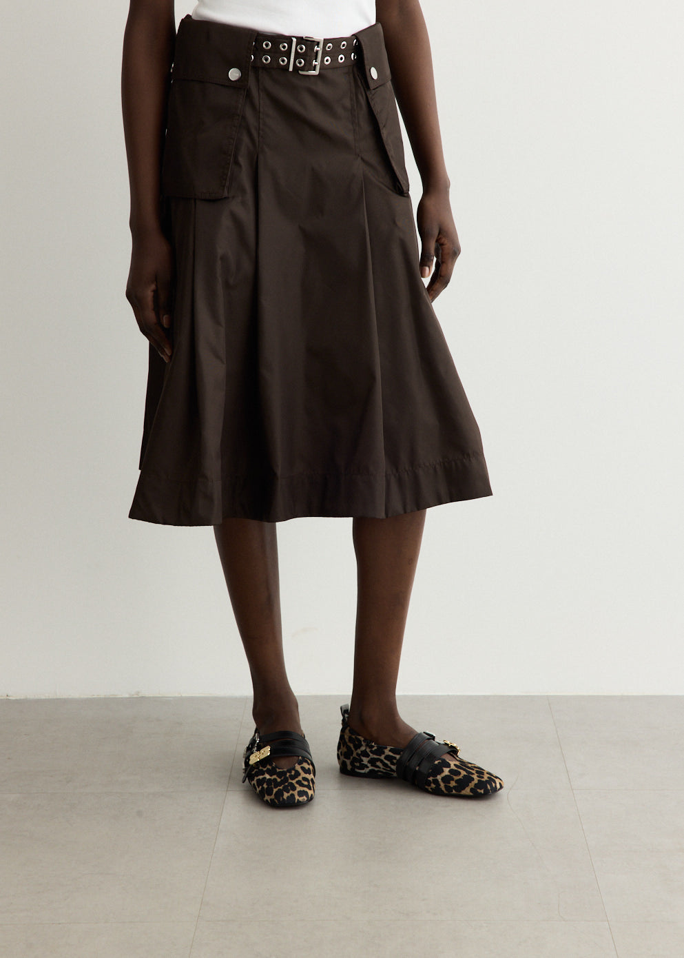 Duchesse Nylon Midi Pleated Pocket Skirt