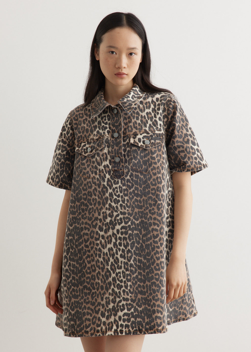leopard denim mini dress Ganni Printed Stretch Denim Mini Dress
