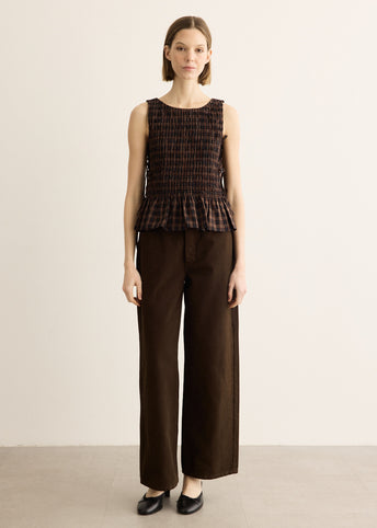 Yarn Dyed Check Smocked Tie String Top