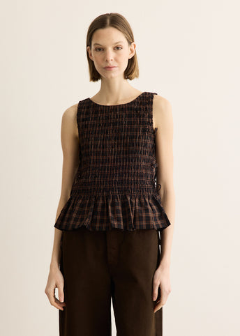 Yarn Dyed Check Smocked Tie String Top
