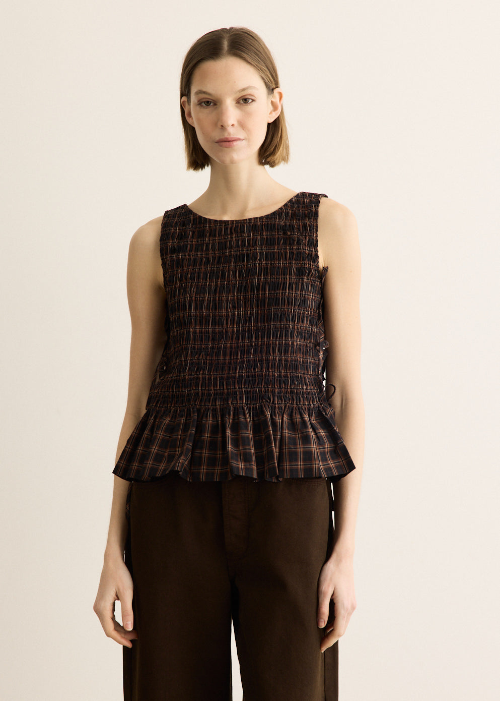 Yarn Dyed Check Smocked Tie String Top