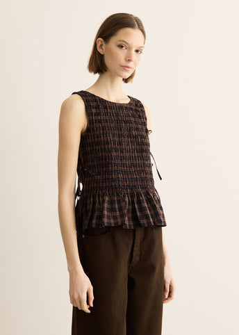Yarn Dyed Check Smocked Tie String Top