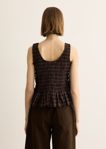 Yarn Dyed Check Smocked Tie String Top
