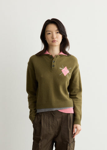 Double Collar Argyle Logo Sweater