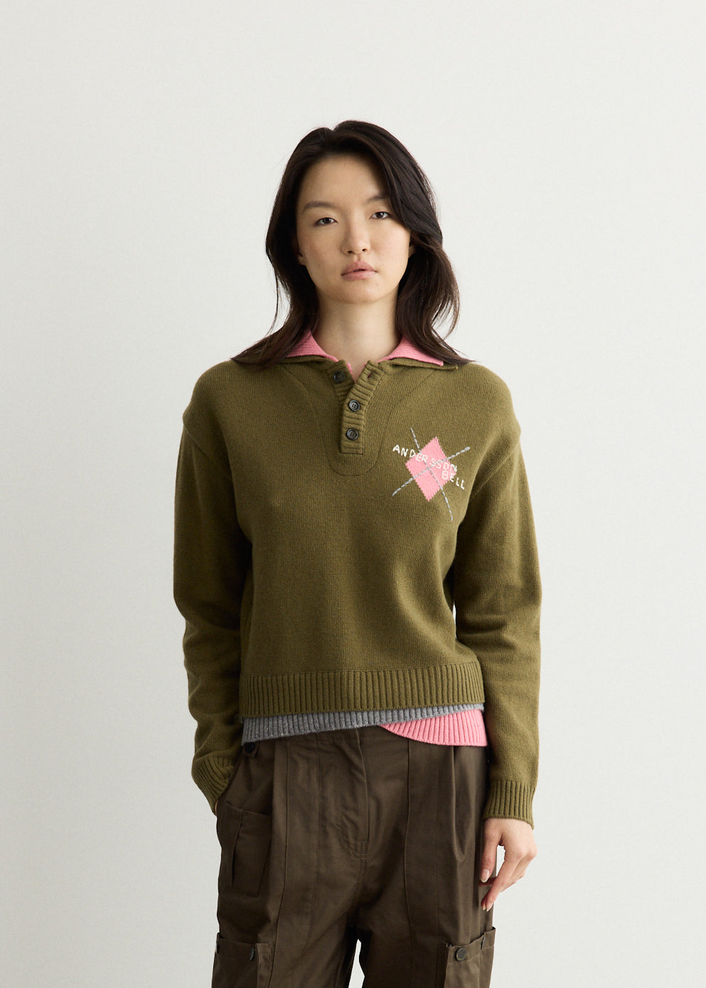 Double Collar Argyle Logo Sweater