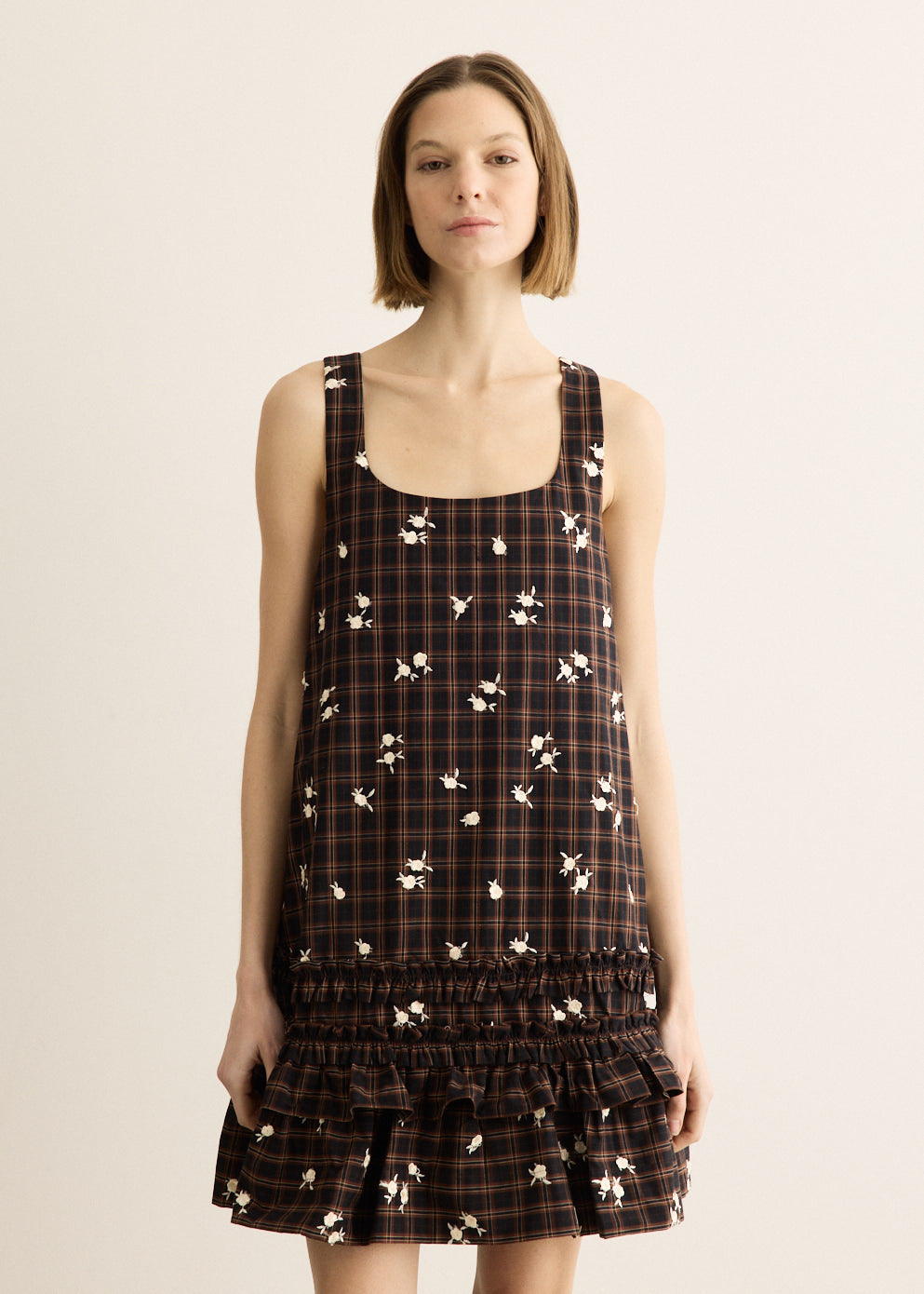 Yarn Dyed Check U-neck Mini Dress