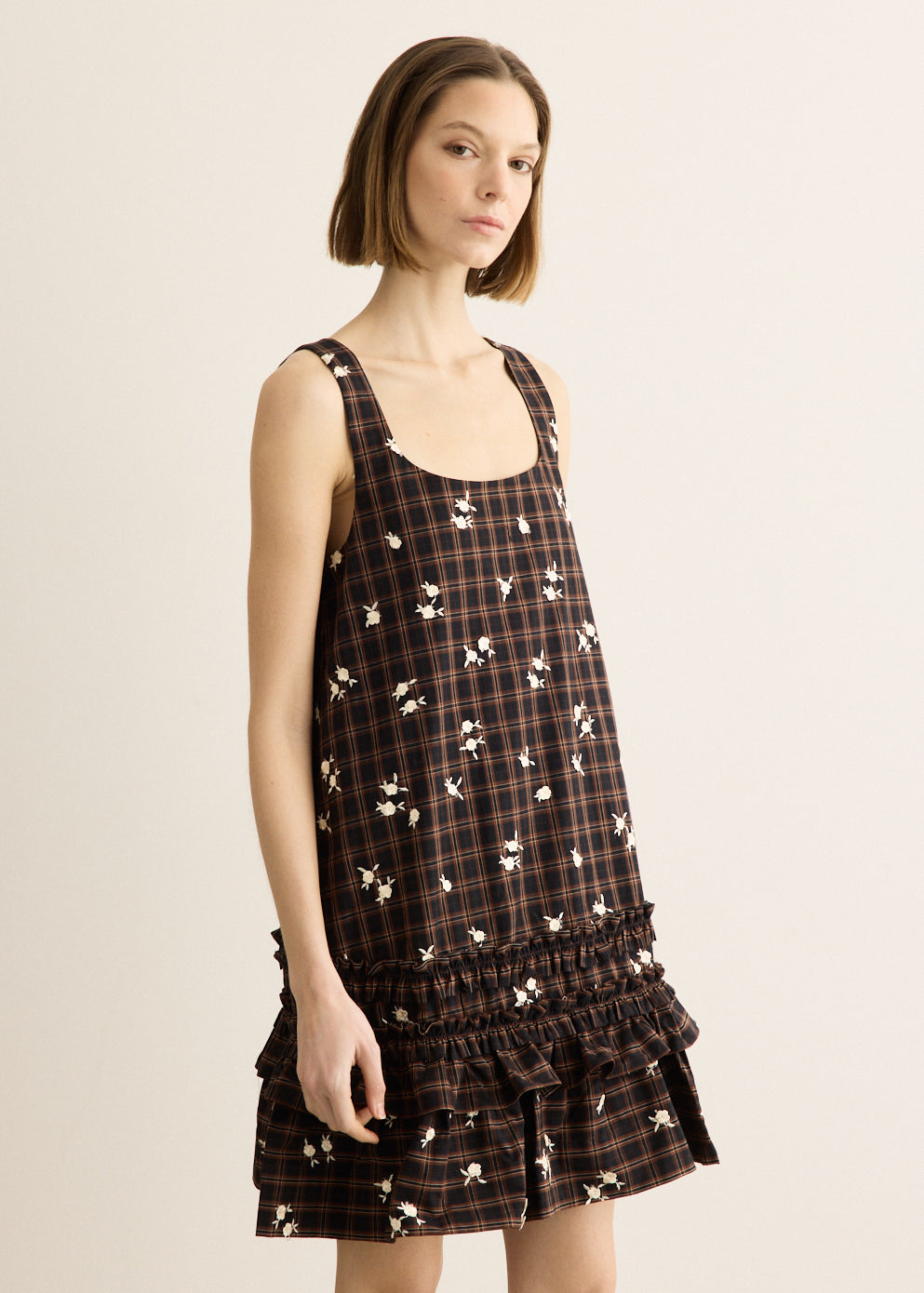 Yarn Dyed Check U-neck Mini Dress