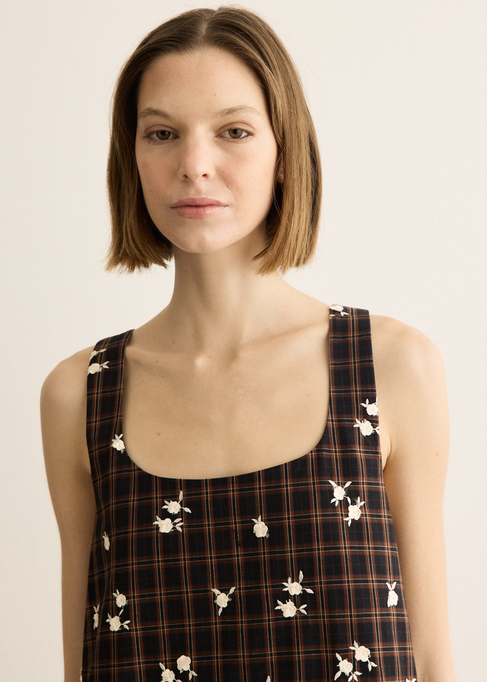 Yarn Dyed Check U-neck Mini Dress