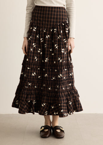 Yarn Dyed Check Long Tiered Frill Skirt
