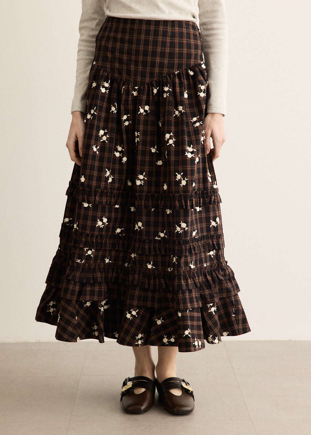 Yarn Dyed Check Long Tiered Frill Skirt