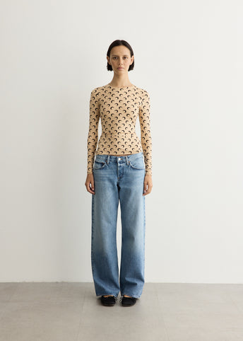 Moon Printed Jersey Long Sleeve Crewneck Top