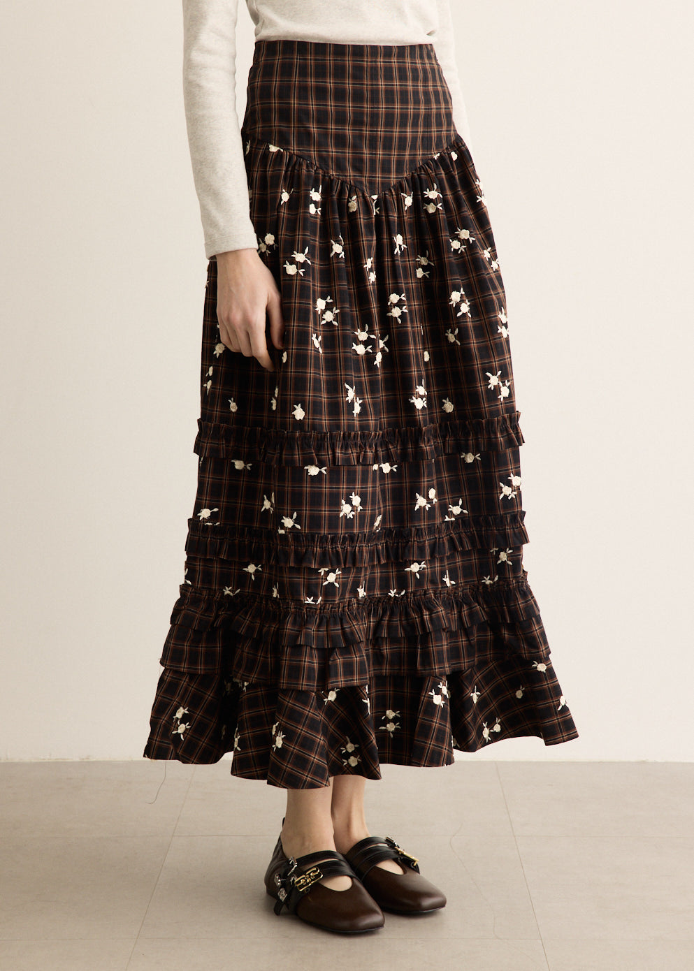 Yarn Dyed Check Long Tiered Frill Skirt