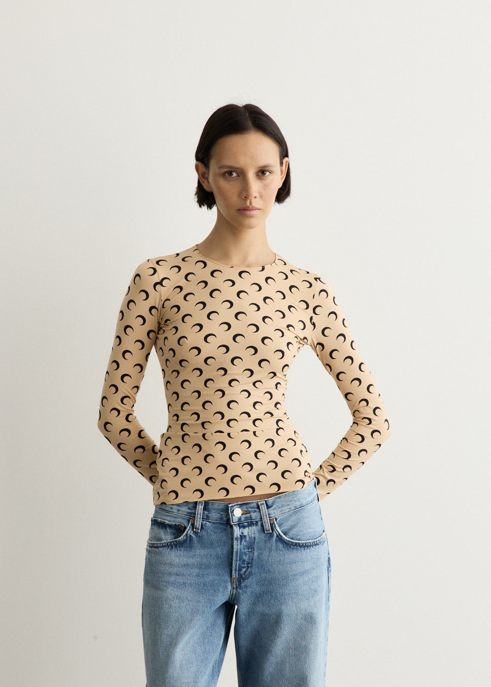 Moon Printed Jersey Long Sleeve Crewneck Top
