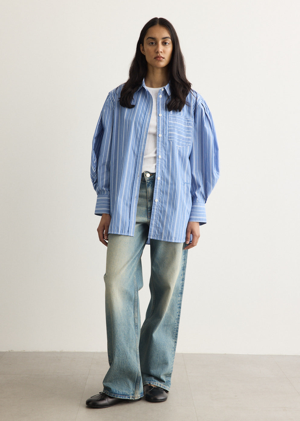 Oxford Stripe Pleated Sleeve Shirt