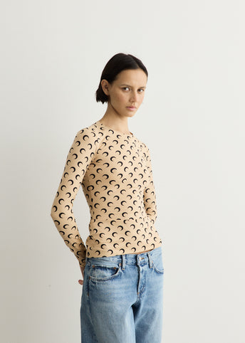 Moon Printed Jersey Long Sleeve Crewneck Top